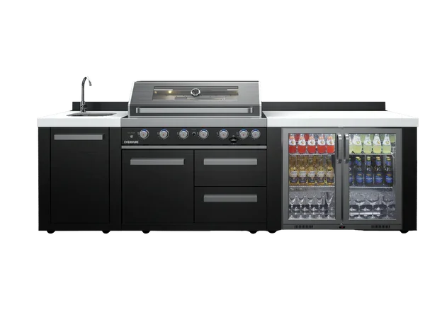 NEO Black Steel 6 burner BBQ Island Module, Beverage Cooler & Rotisserie Kit