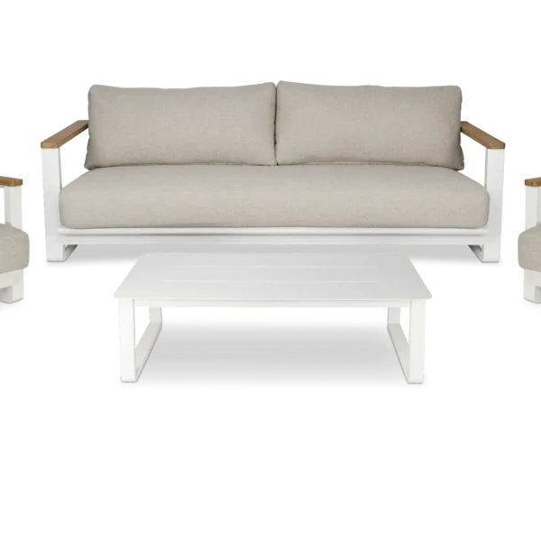 Aruba 4pc Lounge Set with Synthetic Leather Inset, Teak Arms, Stone Olefin Cushions and Aluminium Frame
