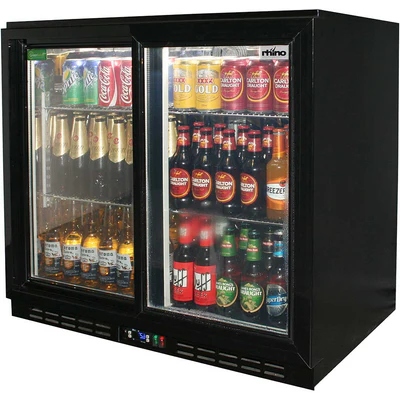Rhino Black Glass Sliding Under Bench 2 Door Bar Fridge Energy Efficient LG Compressor - Model SG2S-B