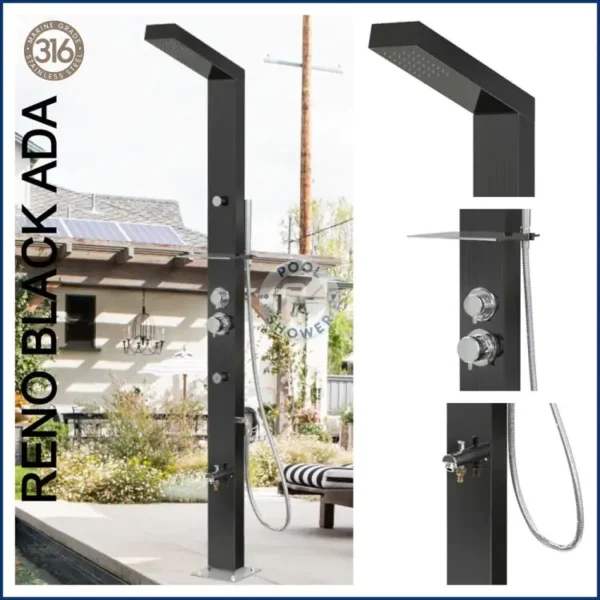 Reno Black ADA 316L Marine Grade Stainless Steel Outdoor Pool Shower Watermark